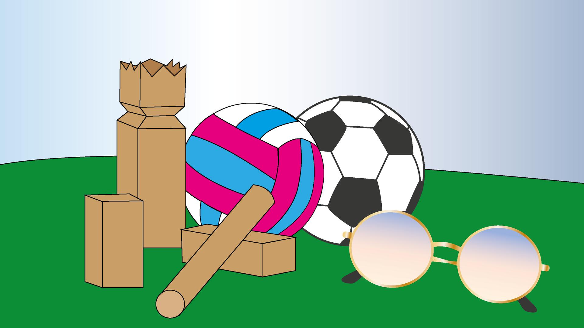 Illustration kubb, vollyboll, fotboll, solglasögon.