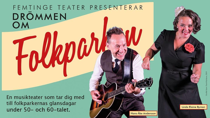 Affisch med man som spelar gitarr och kvinna som dansar