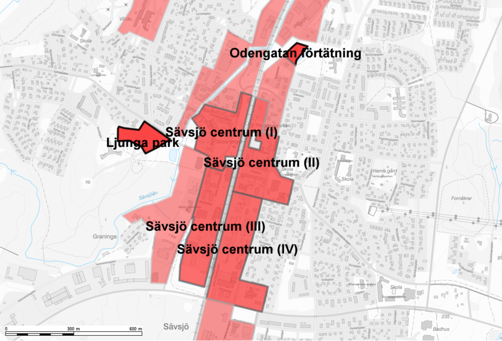 Karta över de aktuella områdena för mångfunktionell bebyggelse i Sävsjö.