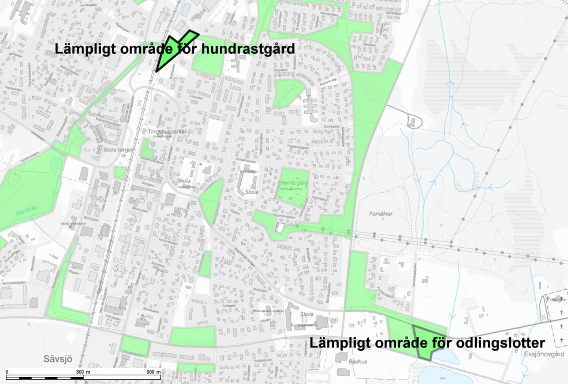 Karta över områdena för grönområden och park i Sävsjö.
