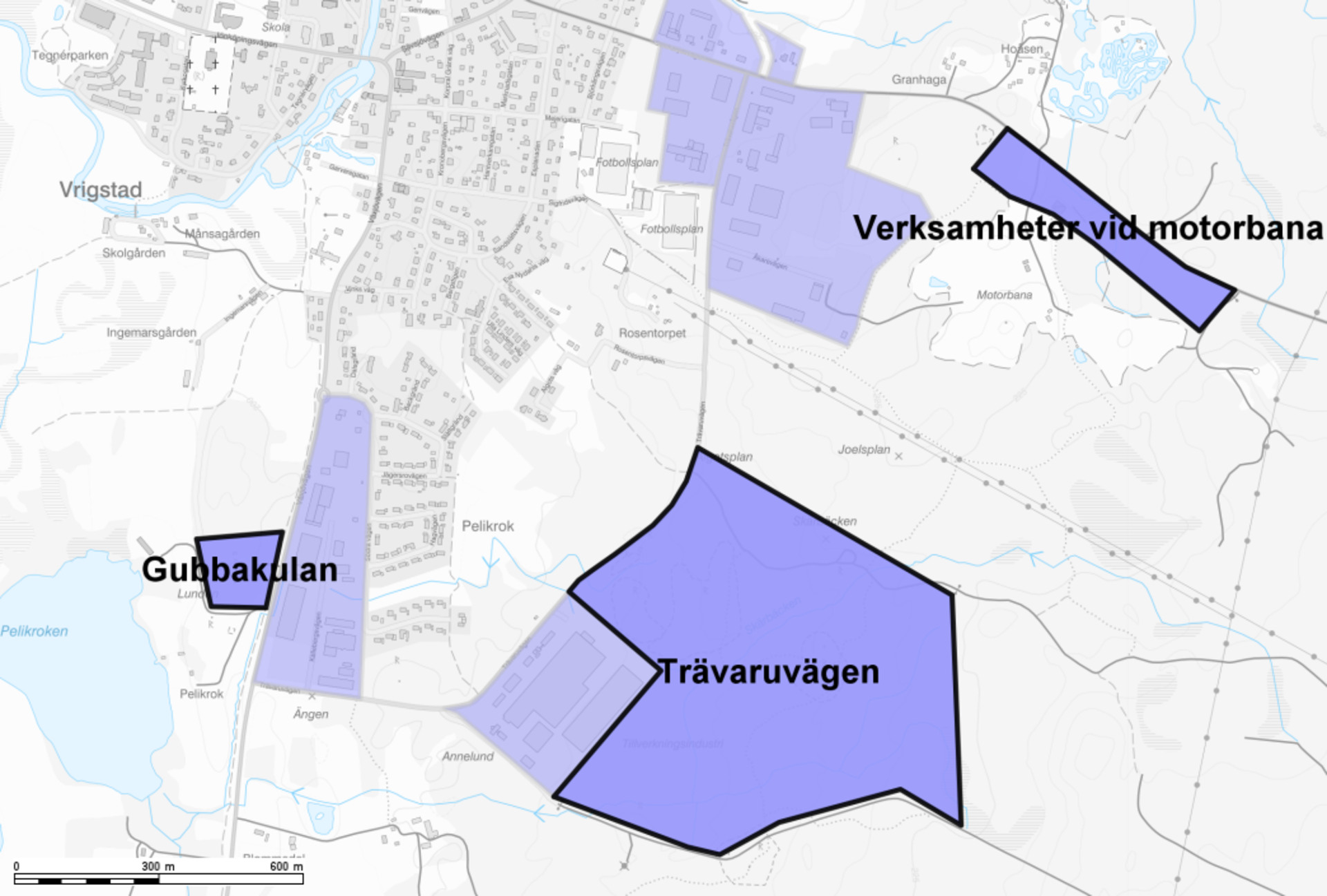 Karta över föreslagna verksamhetsområden söder om Vrigstad.