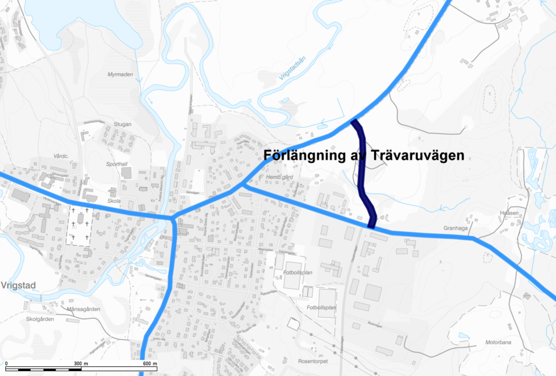 Karta över föreslagen förlängning av Trävaruvägen.