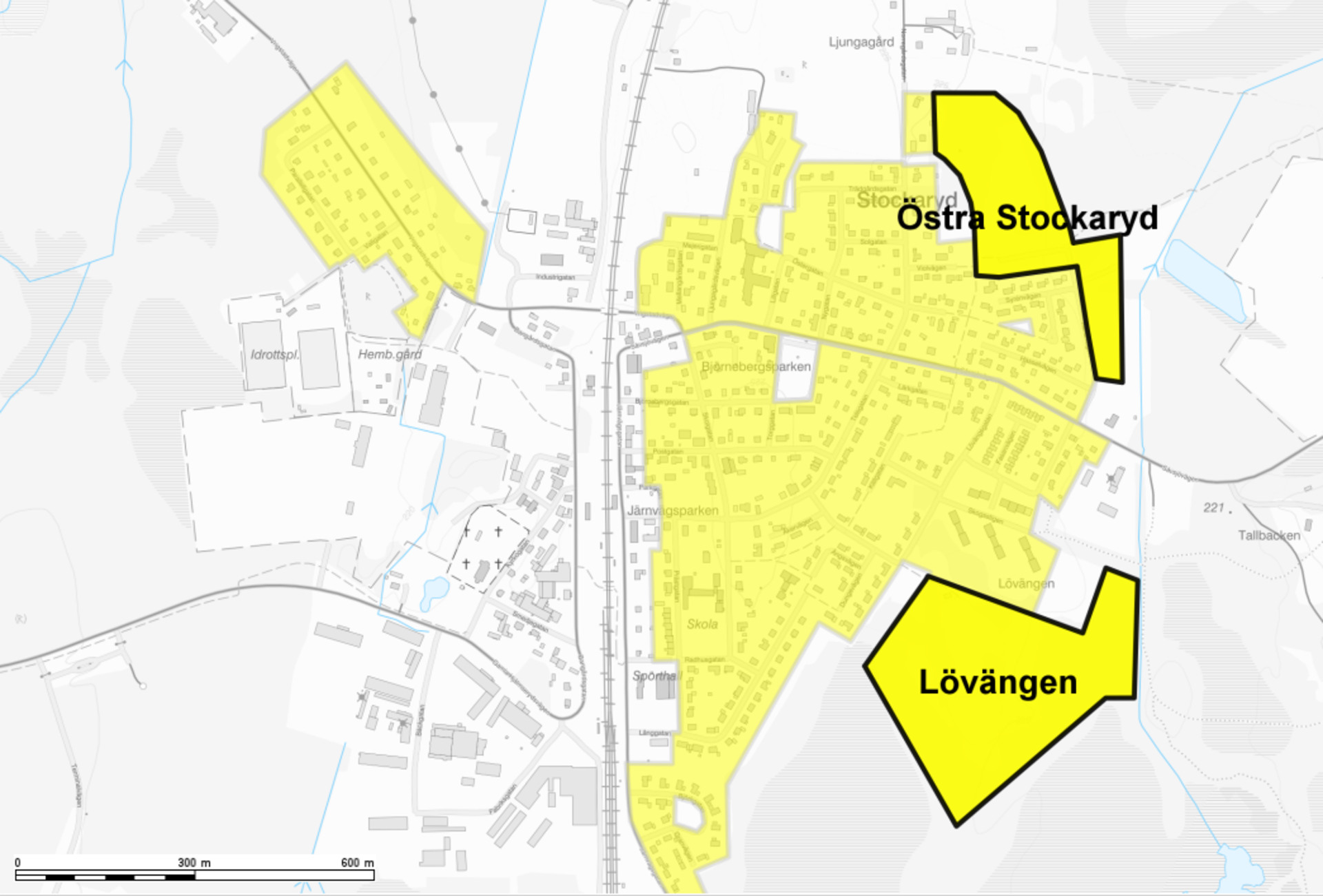 Karta över föreslagna bostadsområden i Stockaryd.
