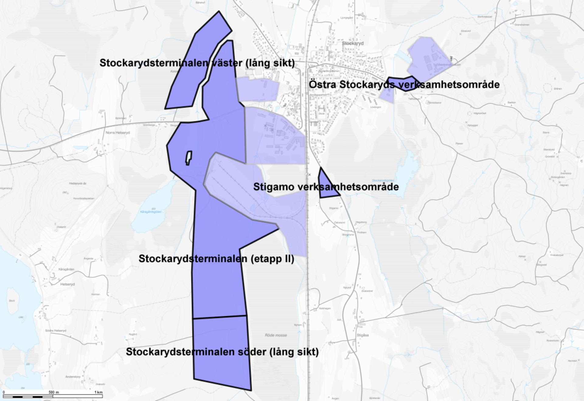 Kartor som visar föreslagna verksamhetsområden i Stockaryd.