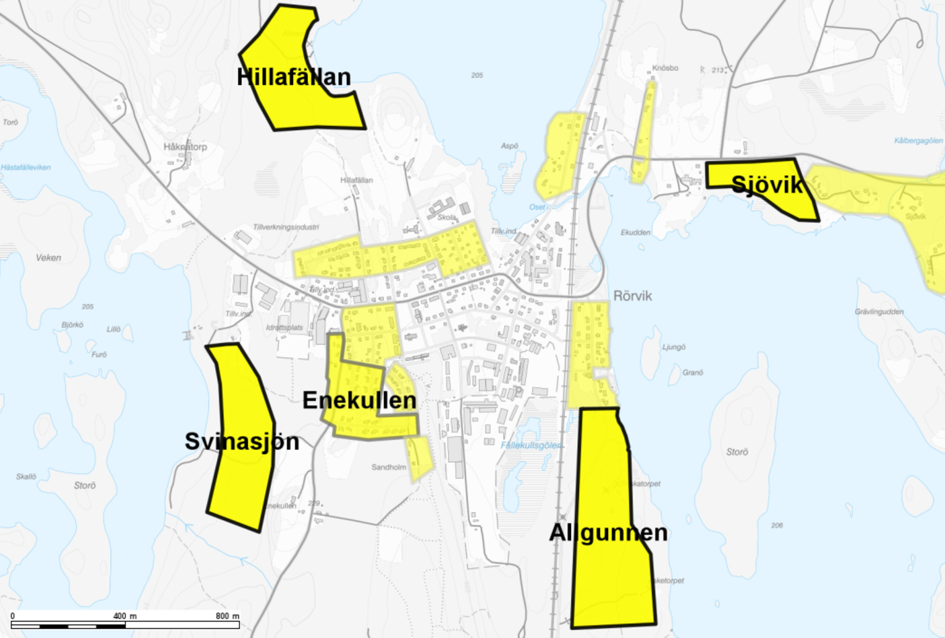 Karta över föreslagna bostadsområden i Rörvik.