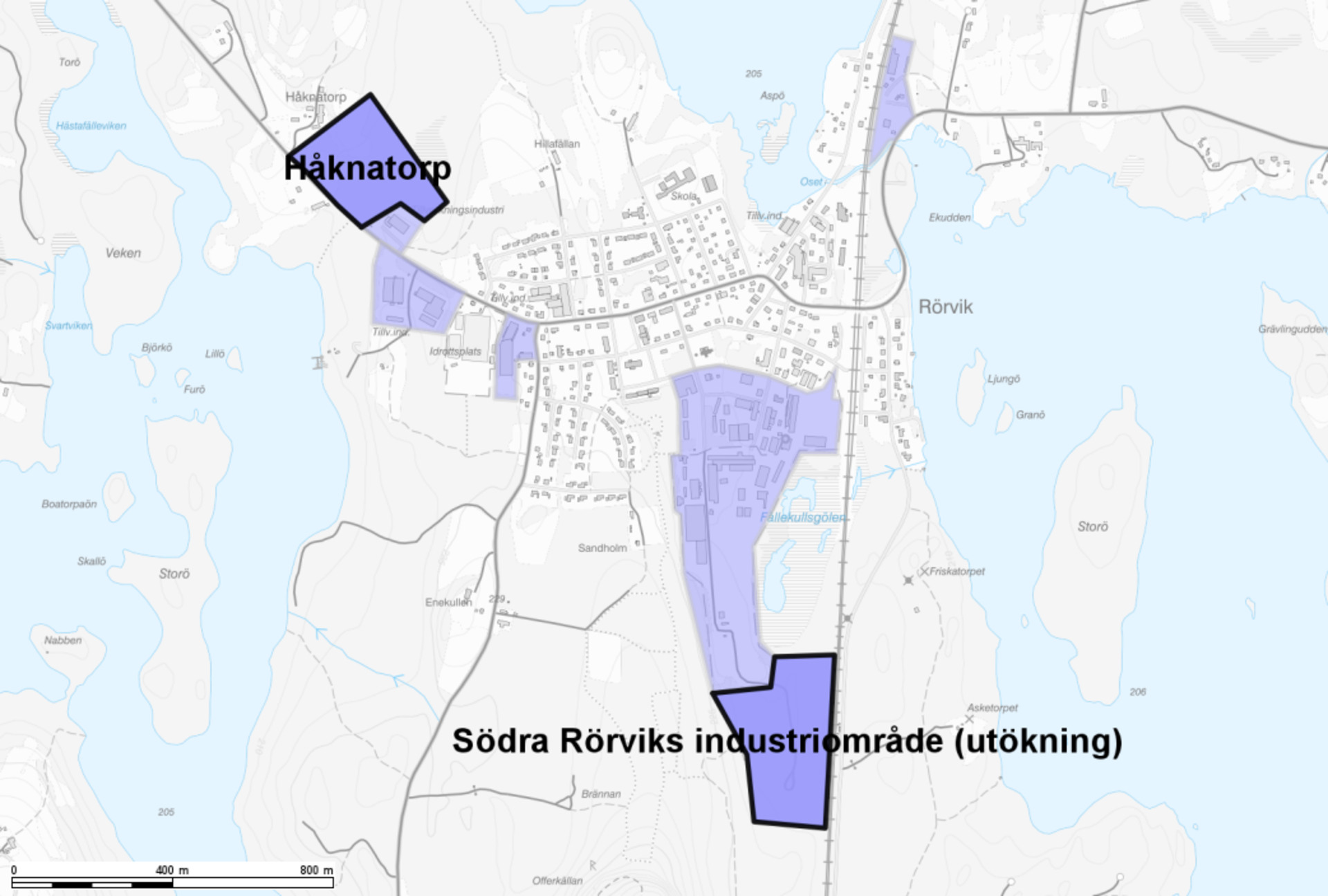 Karta över föreslagna verksamhetsområden i Rörvik.