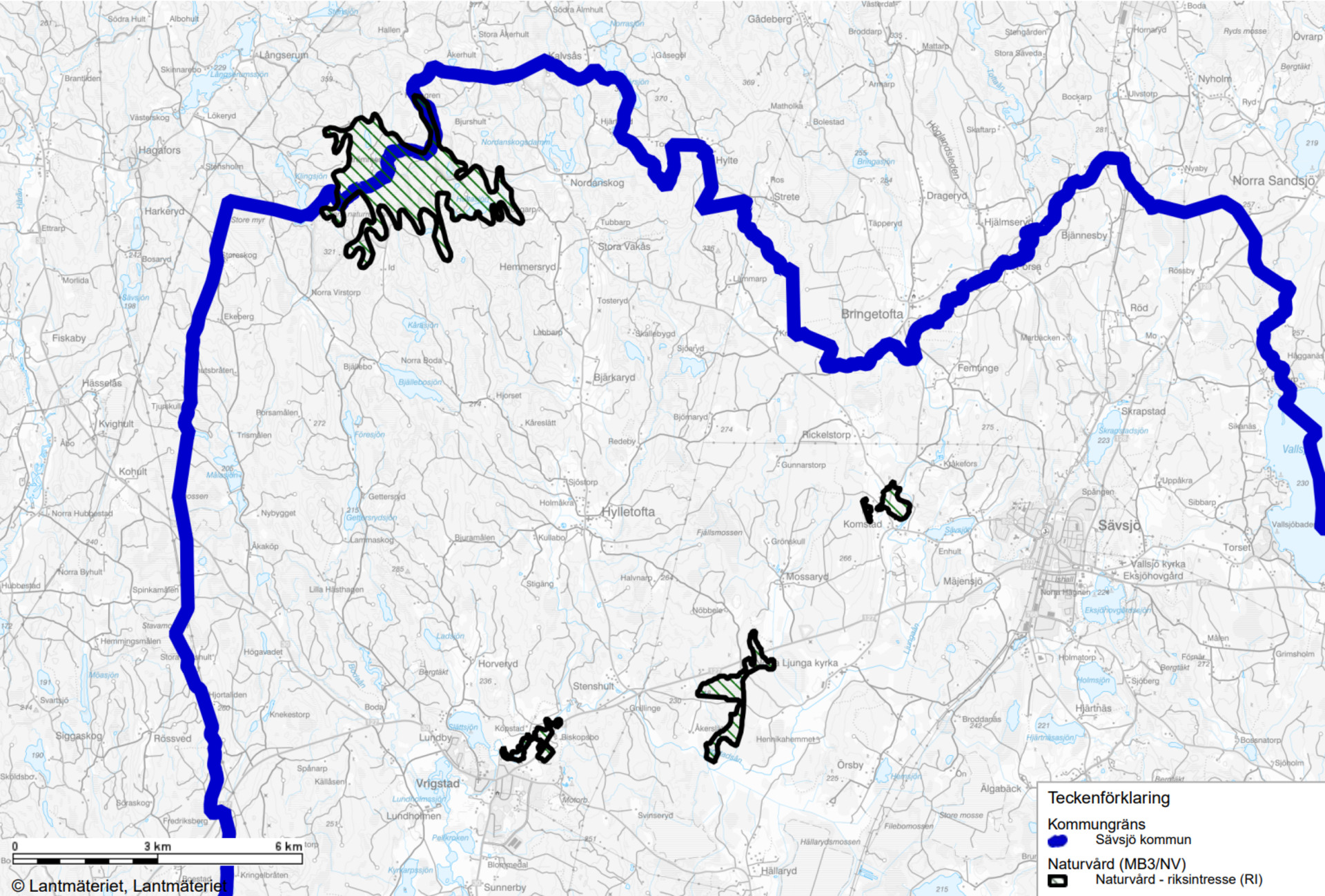 Karta över riksintresseområdena för naturvård i norra delen av kommunen. 