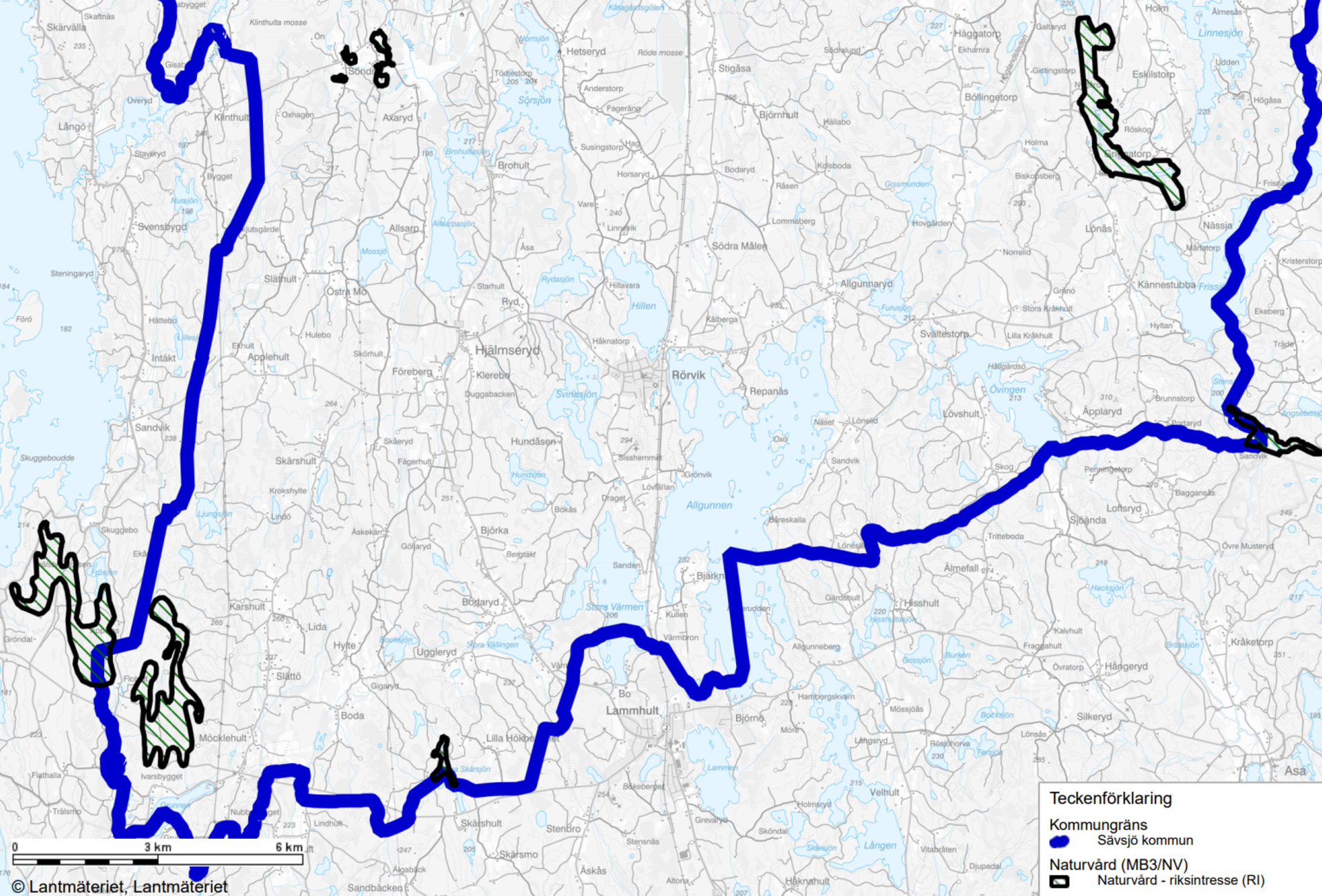 Karta över riksintresseområdena för naturvård i södra delen av kommunen. 