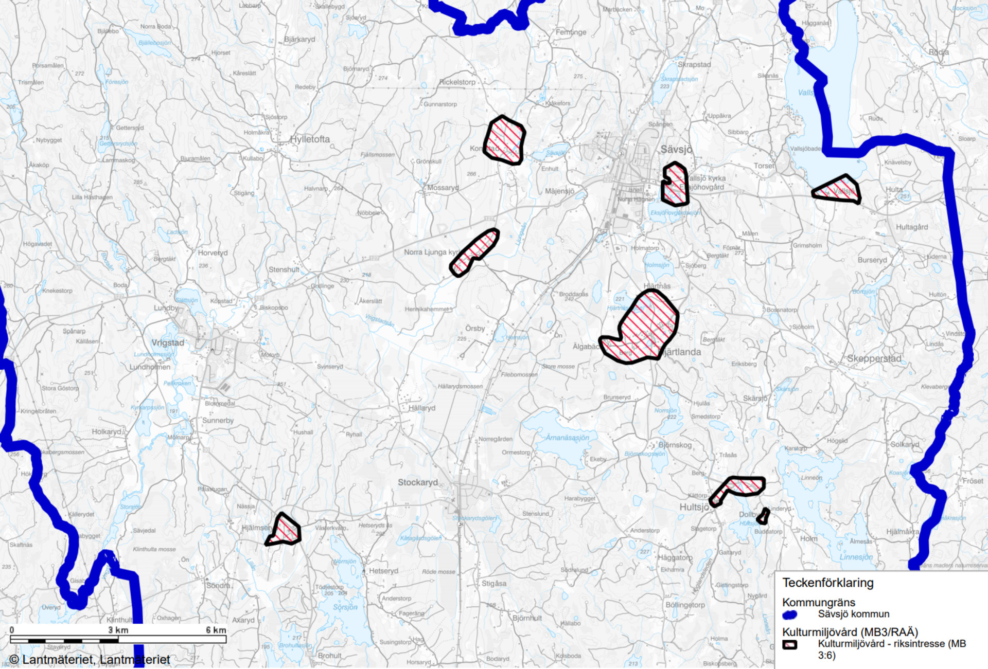 Karta över riksintresseområdena för kulturmiljövård i kommunen. 