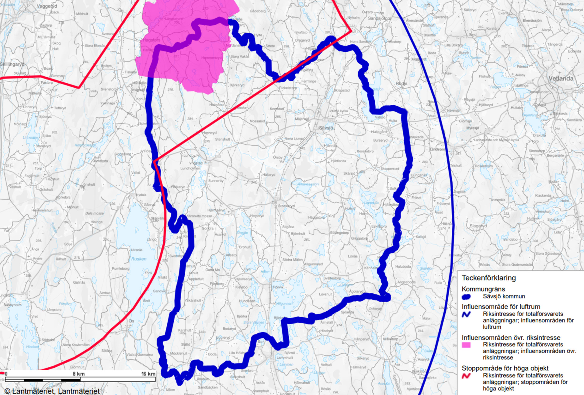 Karta över riksintresseområdena för totalförsvaret i kommunen. 