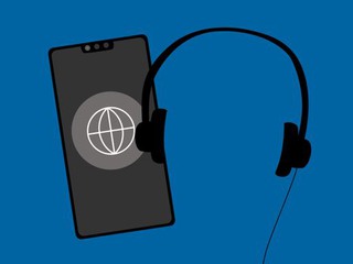 Illustration av telefon och hörlurar, flera språk